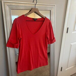 Lauren Ralph Lauren Women's Coral Red V Neck Cuffed Short Sleeve Top M